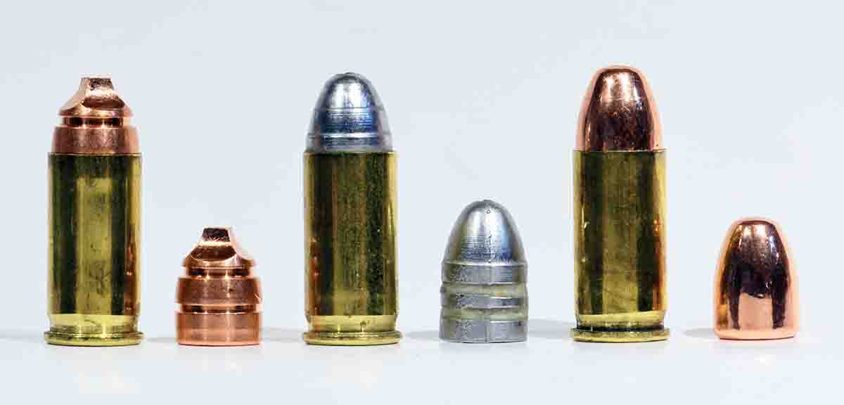 Different bullets, different overall lengths. From left: ultra-modern Lehigh 50-grain Xtreme Cavitator, ultra-old cast bullet (68 grains, from Lyman mould number 311227) and a Berry’s 71-grain copper-plated cast bullet.